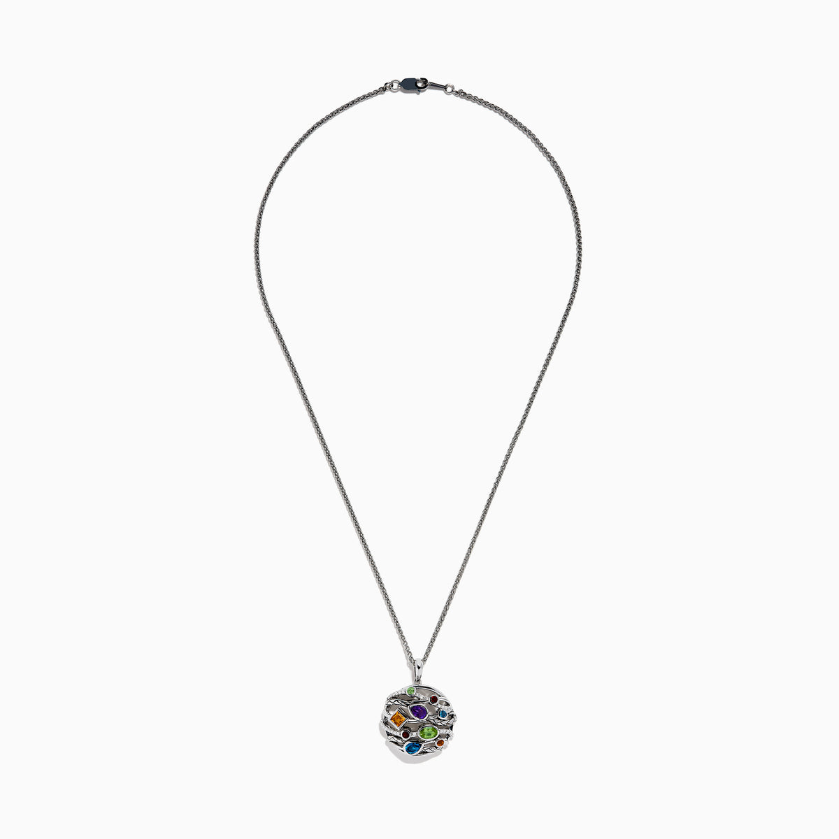 The Mosaic 925 Sterling Silver Diamond is a pendant necklace with a round design, displaying colorful gemstones—blue, green, orange, purple, and red—on a textured sterling silver background.