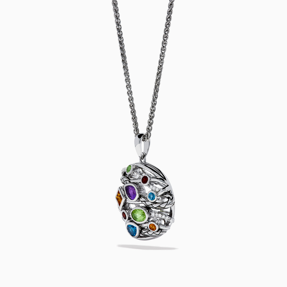 The Mosaic 925 Sterling Silver Diamond is a pendant necklace with a round design, displaying colorful gemstones—blue, green, orange, purple, and red—on a textured sterling silver background.