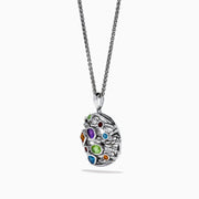 The Mosaic 925 Sterling Silver Diamond is a pendant necklace with a round design, displaying colorful gemstones—blue, green, orange, purple, and red—on a textured sterling silver background.