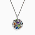 The Mosaic 925 Sterling Silver Diamond is a pendant necklace with a round design, displaying colorful gemstones—blue, green, orange, purple, and red—on a textured sterling silver background.