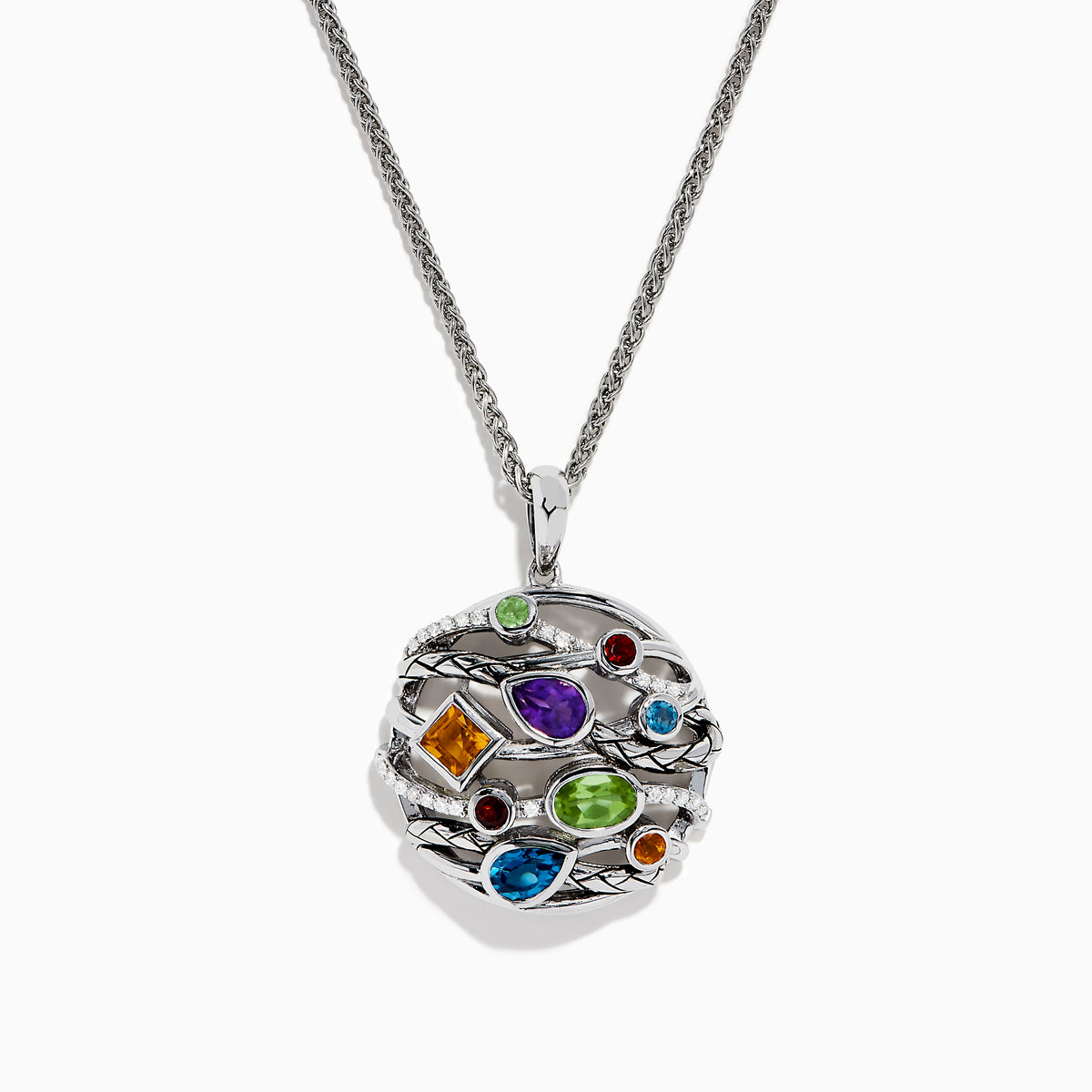 The Mosaic 925 Sterling Silver Diamond is a pendant necklace with a round design, displaying colorful gemstones—blue, green, orange, purple, and red—on a textured sterling silver background.