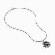 The Mosaic 925 Sterling Silver Diamond is a pendant necklace with a round design, displaying colorful gemstones—blue, green, orange, purple, and red—on a textured sterling silver background.