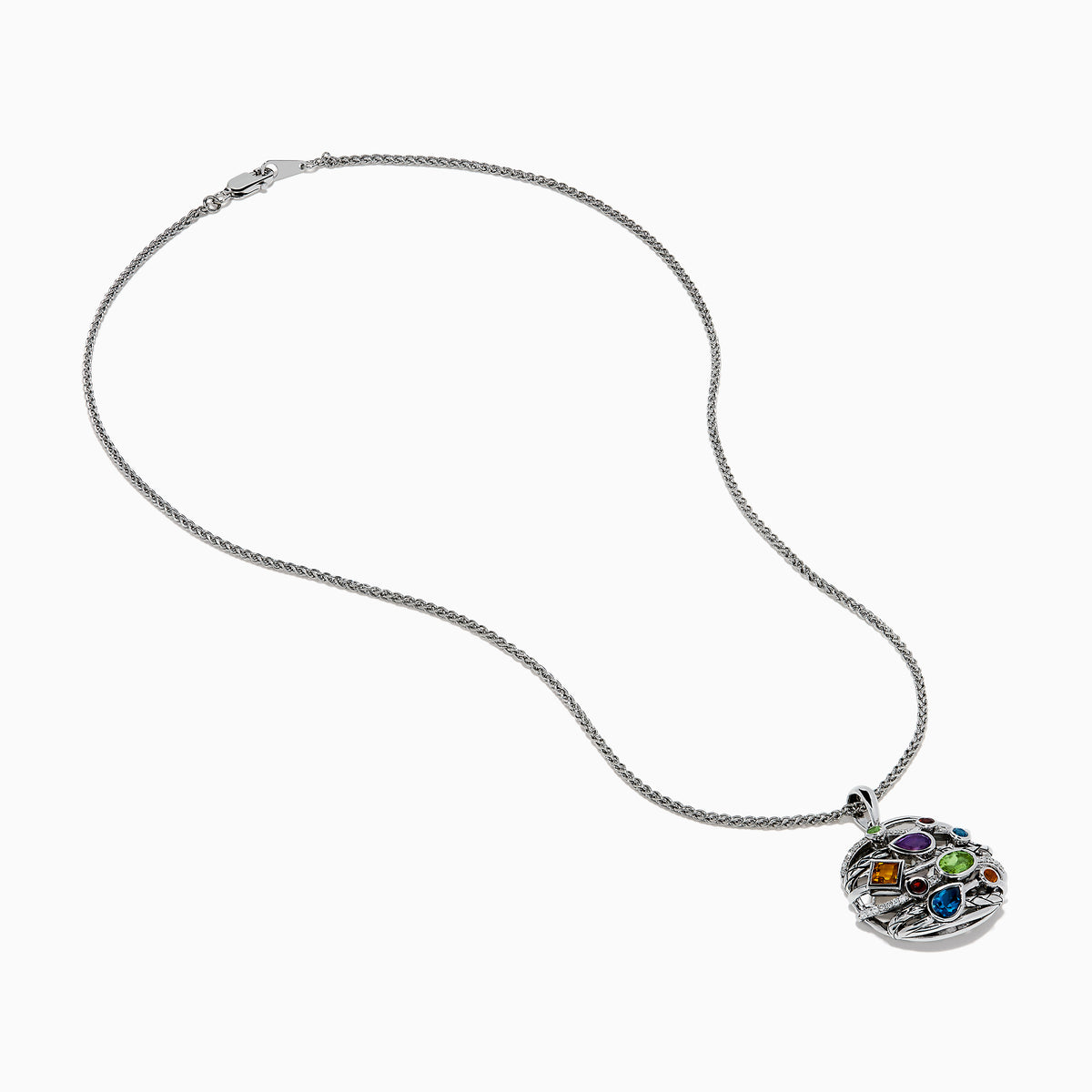 The Mosaic 925 Sterling Silver Diamond is a pendant necklace with a round design, displaying colorful gemstones—blue, green, orange, purple, and red—on a textured sterling silver background.