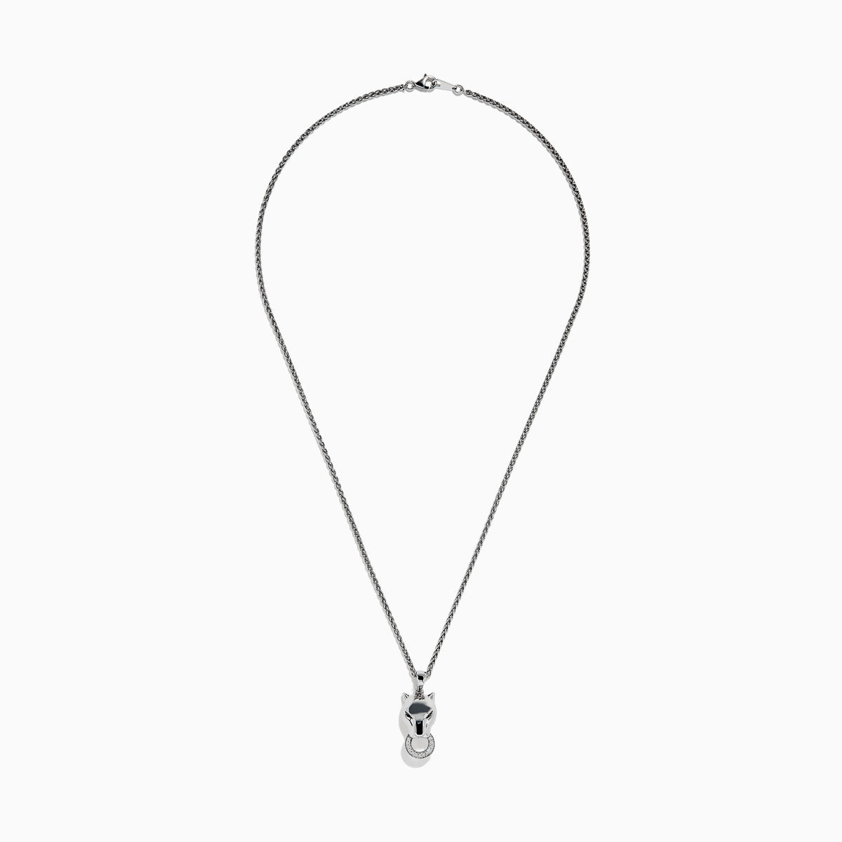 The Signature Sterling Silver Tsavorite and Diamond Panther Pendant showcases a stylized panther head holding a diamond-encrusted ring, set against a plain white background.