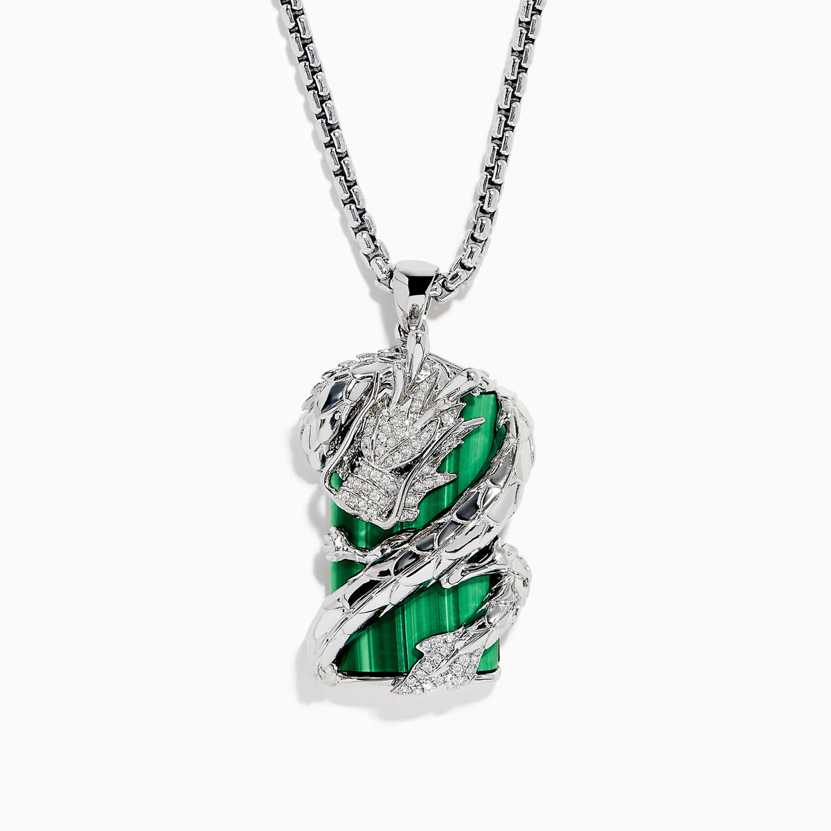 The Mens 925 Sterling Silver Malachite and Diamond Dragon Pendant features an intricate dragon encrusted with diamonds, tightly coiled around a rectangular, banded malachite gemstone.