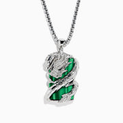 The Mens 925 Sterling Silver Malachite and Diamond Dragon Pendant features an intricate dragon encrusted with diamonds, tightly coiled around a rectangular, banded malachite gemstone.