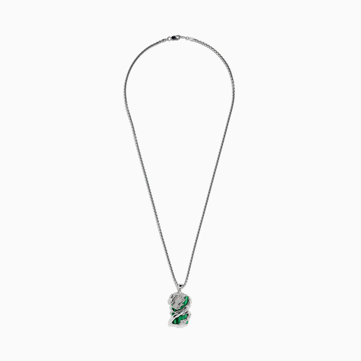 A Mens 925 Sterling Silver Malachite and Diamond Dragon Pendant necklace, featuring green malachite and silver accents in a detailed dragon design, displayed on a plain white background.