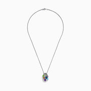 The 925 Sterling Silver Multi Color Gemstone and Diamond Pendant features an oval, open cage design adorned with uniquely cut blue, green, purple, and orange gemstones.