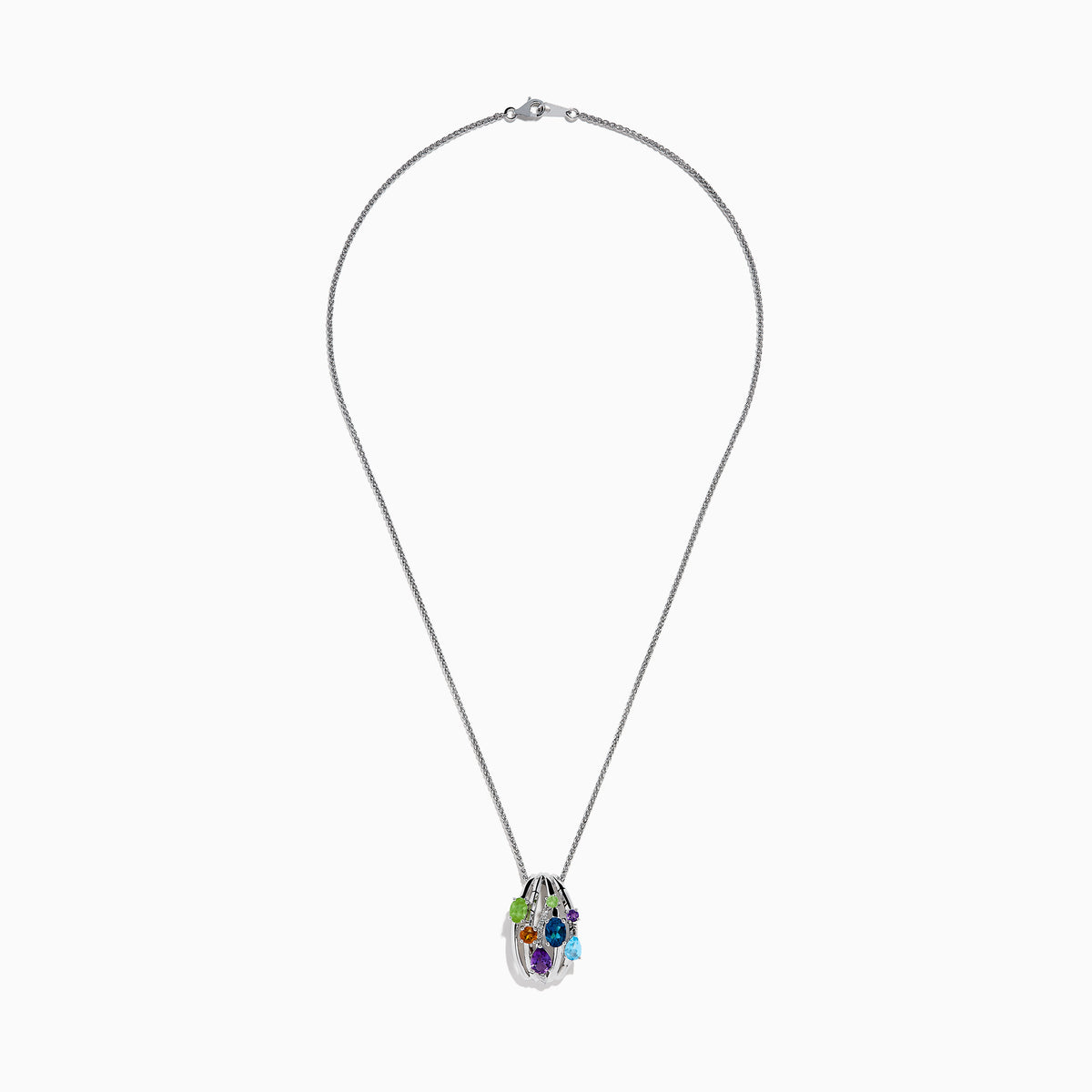 The 925 Sterling Silver Multi Color Gemstone and Diamond Pendant features an oval, open cage design adorned with uniquely cut blue, green, purple, and orange gemstones.