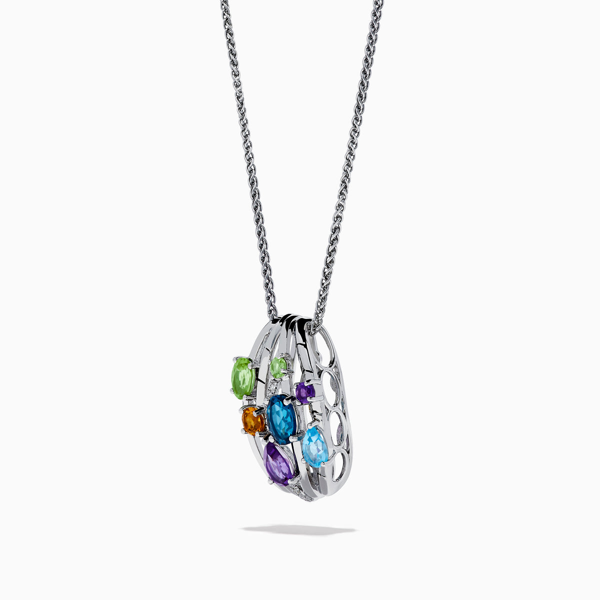The 925 Sterling Silver Multi Color Gemstone and Diamond Pendant features an oval, open cage design adorned with uniquely cut blue, green, purple, and orange gemstones.