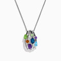 The 925 Sterling Silver Multi Color Gemstone and Diamond Pendant features an oval, open cage design adorned with uniquely cut blue, green, purple, and orange gemstones.