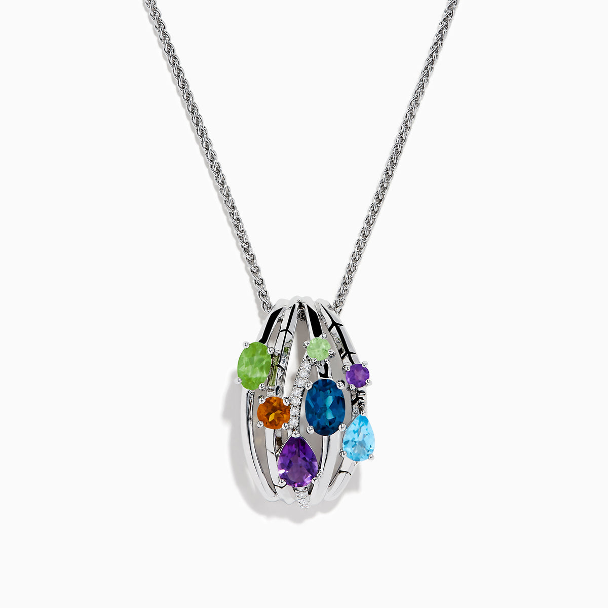 The 925 Sterling Silver Multi Color Gemstone and Diamond Pendant features an oval, open cage design adorned with uniquely cut blue, green, purple, and orange gemstones.
