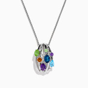 The 925 Sterling Silver Multi Color Gemstone and Diamond Pendant features an oval, open cage design adorned with uniquely cut blue, green, purple, and orange gemstones.