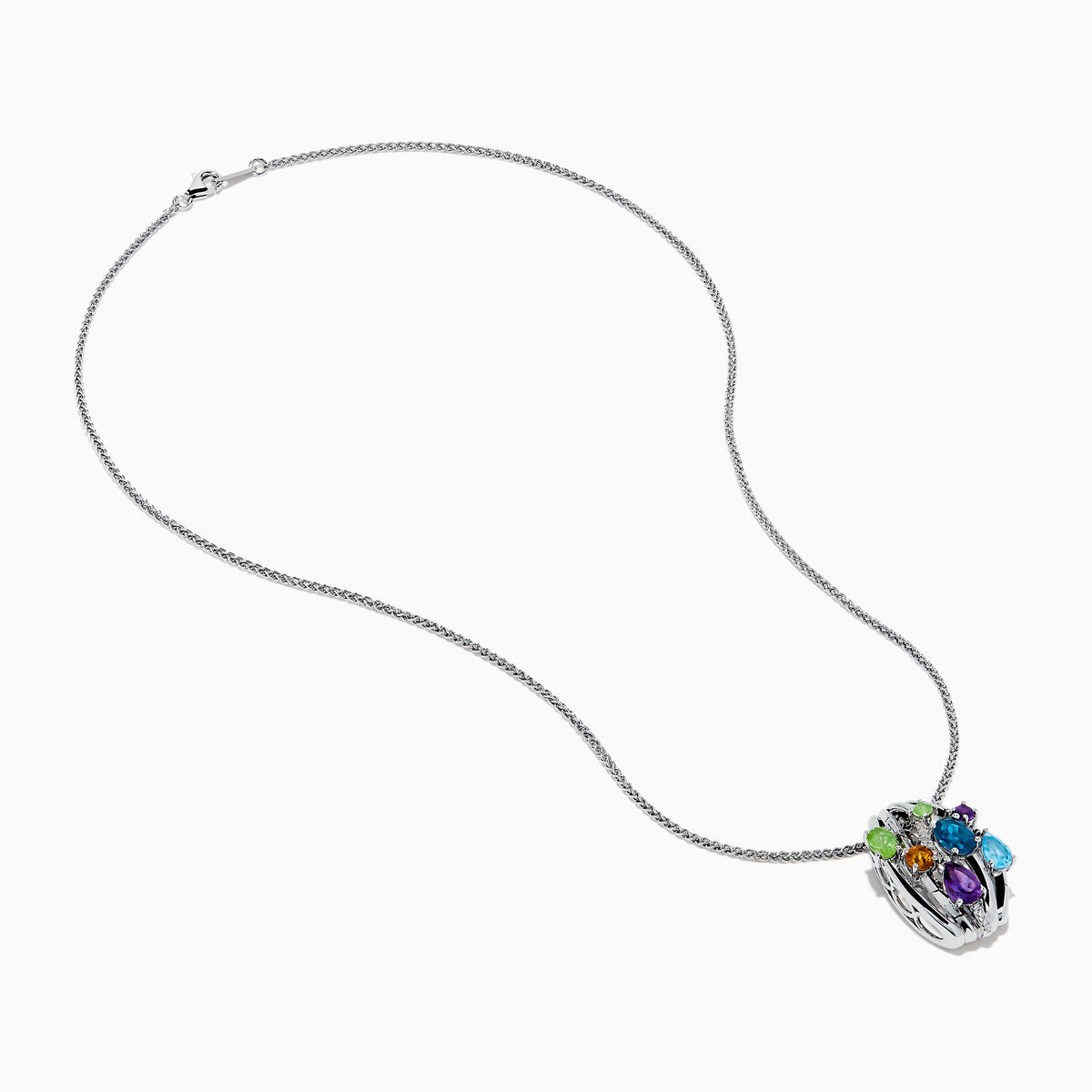 The 925 Sterling Silver Multi Color Gemstone and Diamond Pendant features an oval, open cage design adorned with uniquely cut blue, green, purple, and orange gemstones.