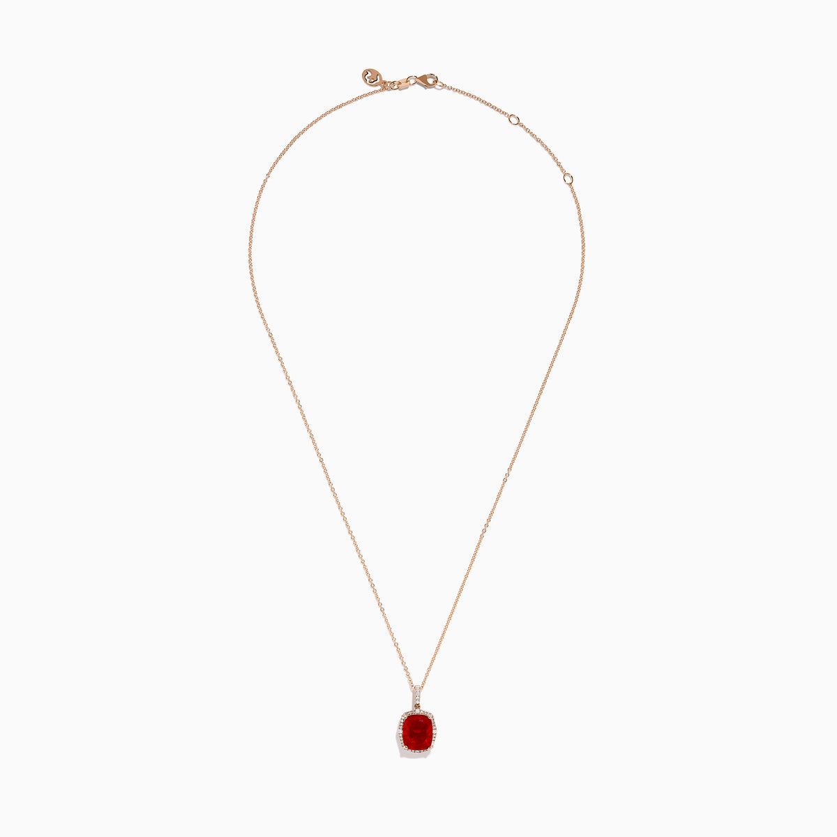 An elegant gold chain necklace with a cushion-cut red gemstone pendant and white diamonds—perfectly complements the Aurora 14K Rose Gold Fire Opal and Diamond Ring.