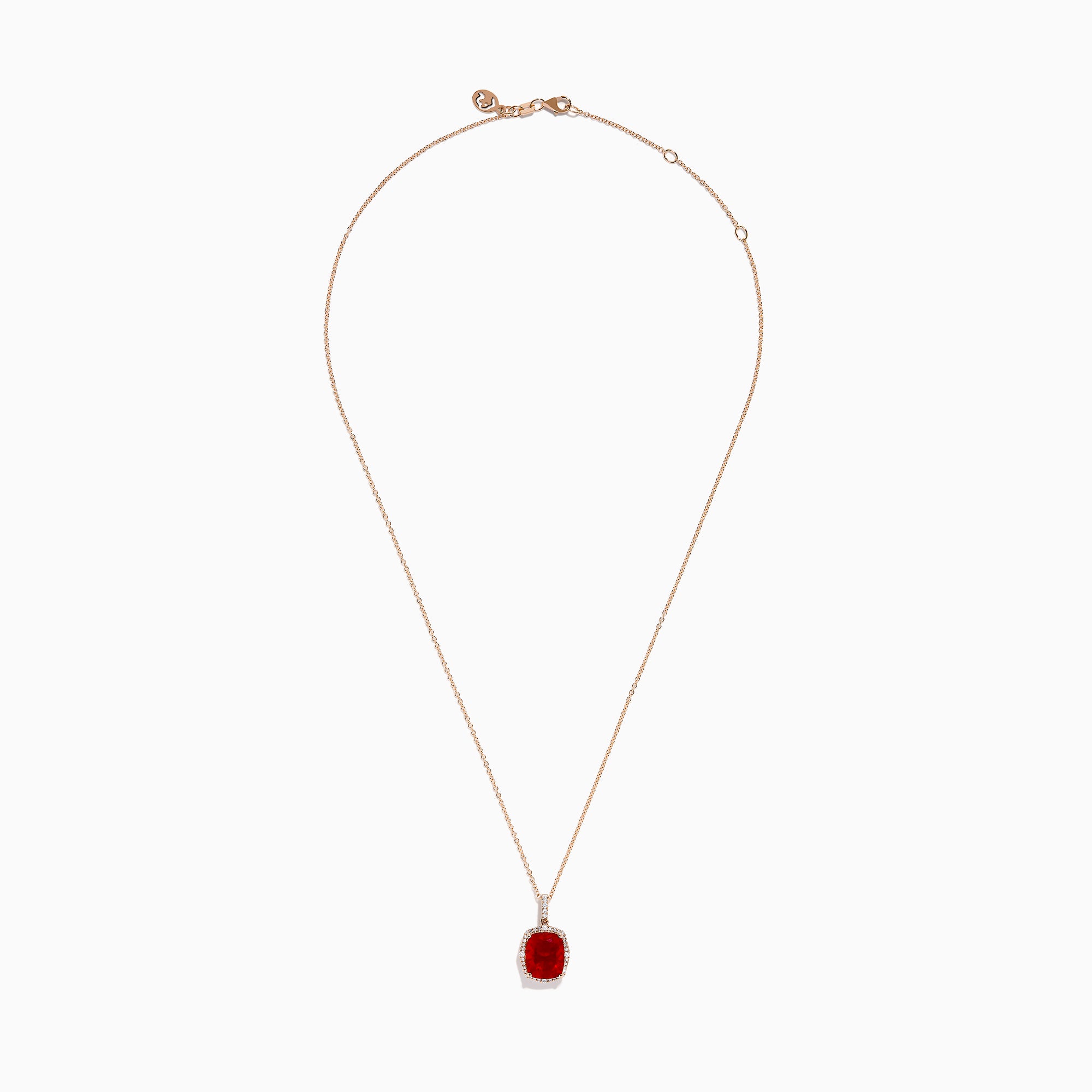 An elegant gold chain necklace with a cushion-cut red gemstone pendant and white diamonds—perfectly complements the Aurora 14K Rose Gold Fire Opal and Diamond Ring.