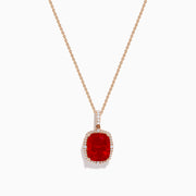 An elegant gold chain necklace with a cushion-cut red gemstone pendant and white diamonds—perfectly complements the Aurora 14K Rose Gold Fire Opal and Diamond Ring.