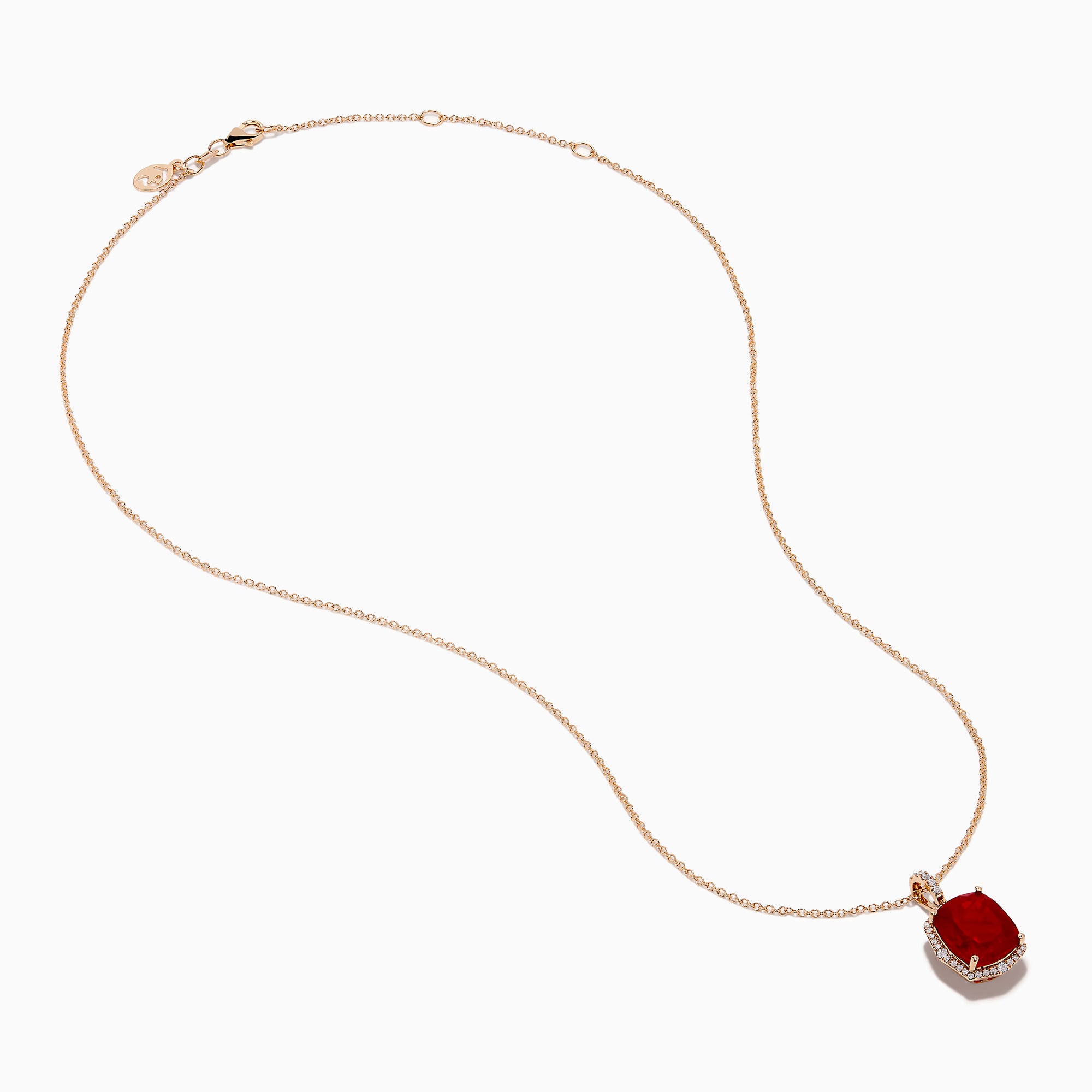 An elegant gold chain necklace with a cushion-cut red gemstone pendant and white diamonds—perfectly complements the Aurora 14K Rose Gold Fire Opal and Diamond Ring.