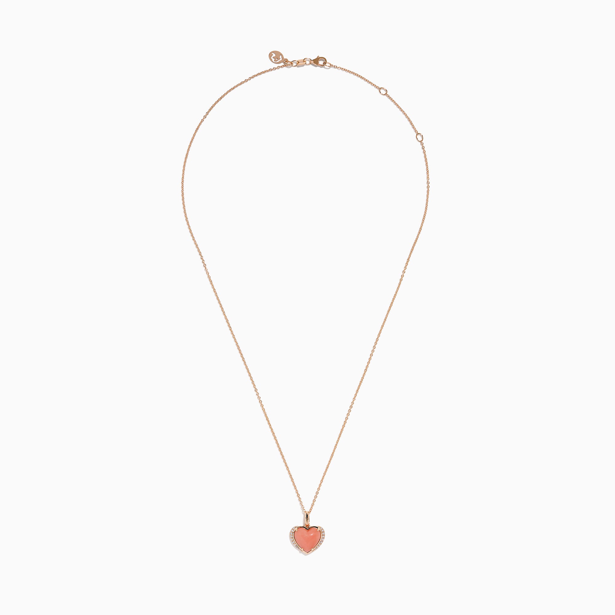 The 14K Rose Gold Pink Opal and Diamond Heart Pendant features a pink opal heart accented with sparkling diamonds on a rose gold chain.