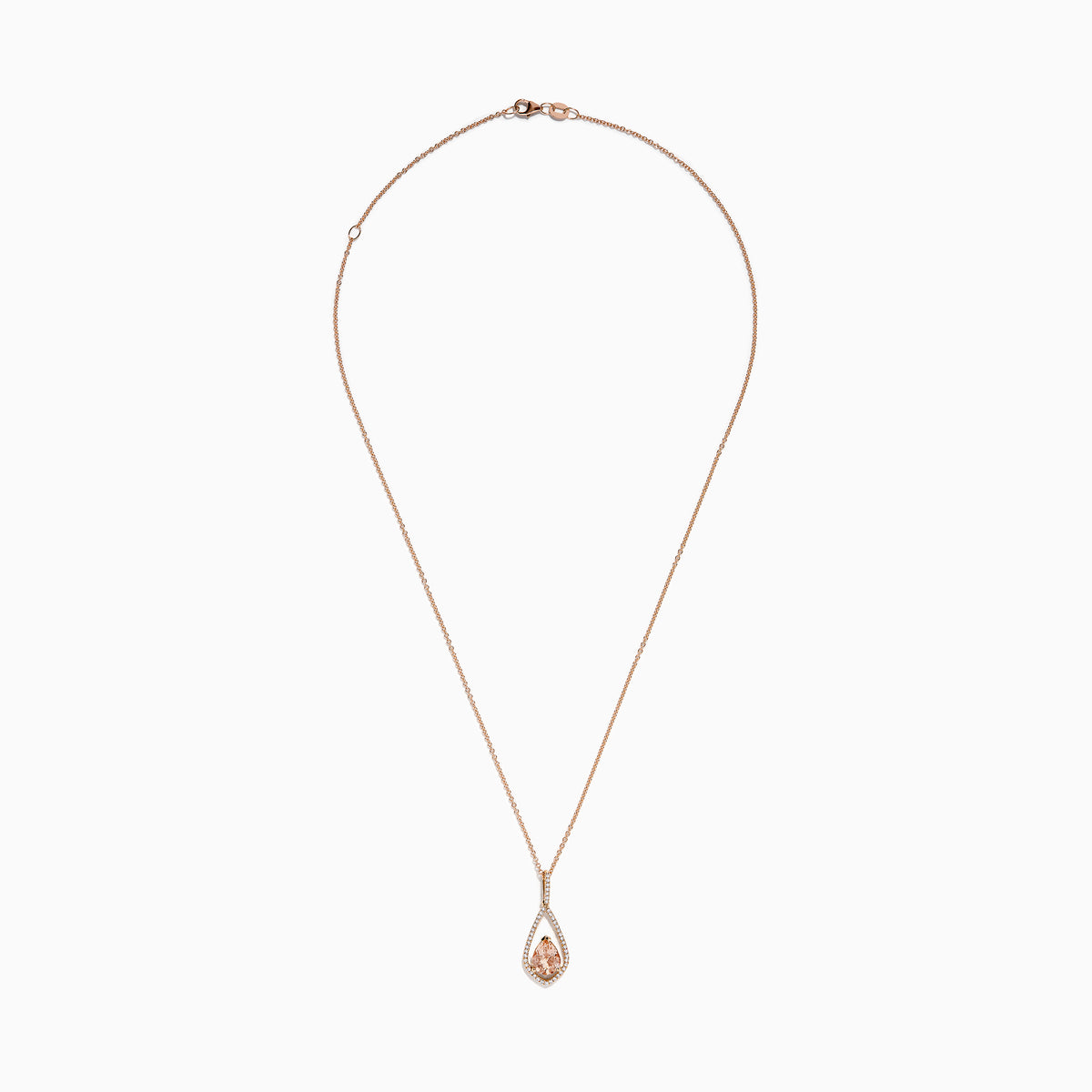 The Blush 14K Rose Gold Morganite and Diamond Pendant features a pear-shaped morganite framed by a halo of white diamonds on a delicate rose gold chain.