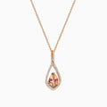 The Blush 14K Rose Gold Morganite and Diamond Pendant features a pear-shaped morganite framed by a halo of white diamonds on a delicate rose gold chain.