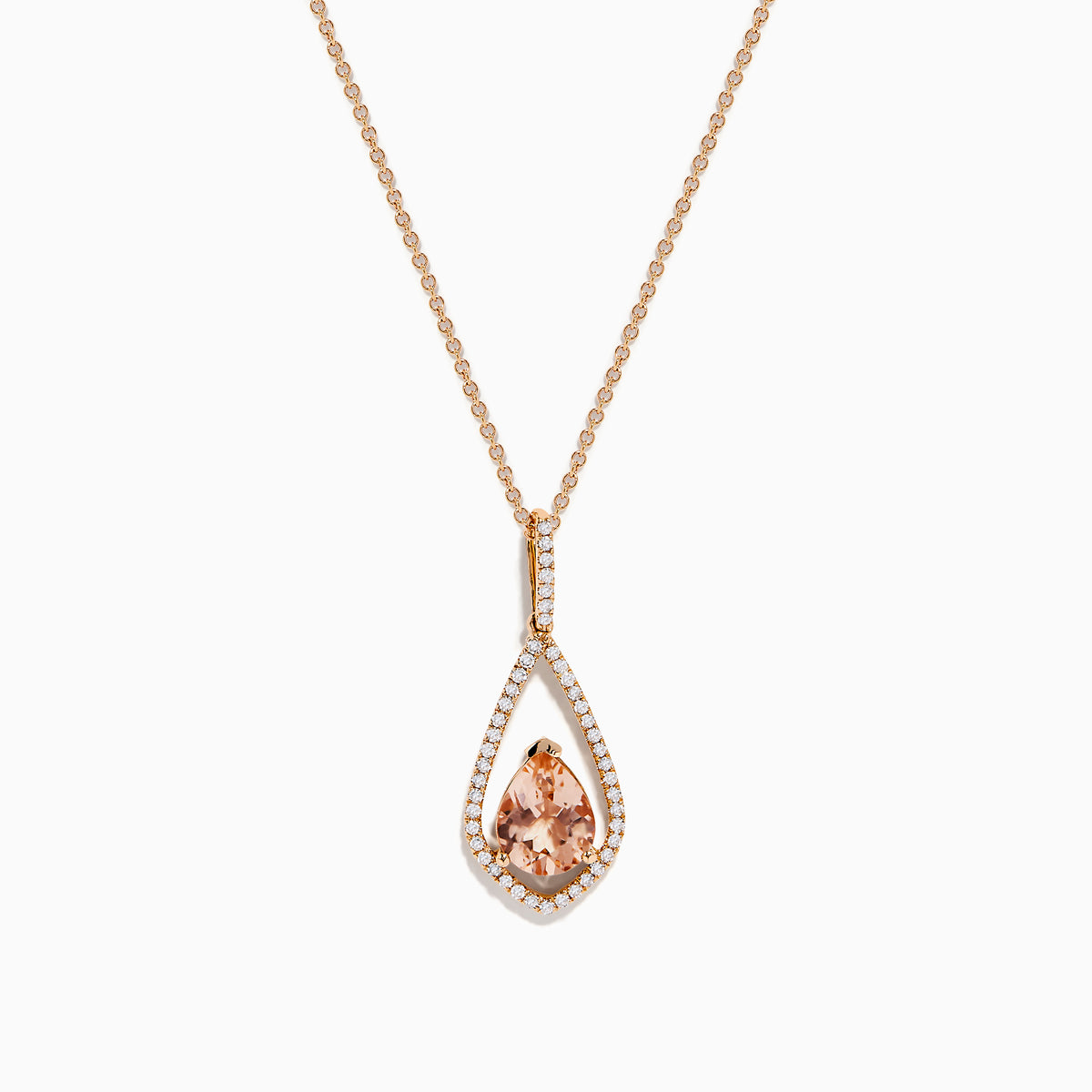 The Blush 14K Rose Gold Morganite and Diamond Pendant features a pear-shaped morganite framed by a halo of white diamonds on a delicate rose gold chain.