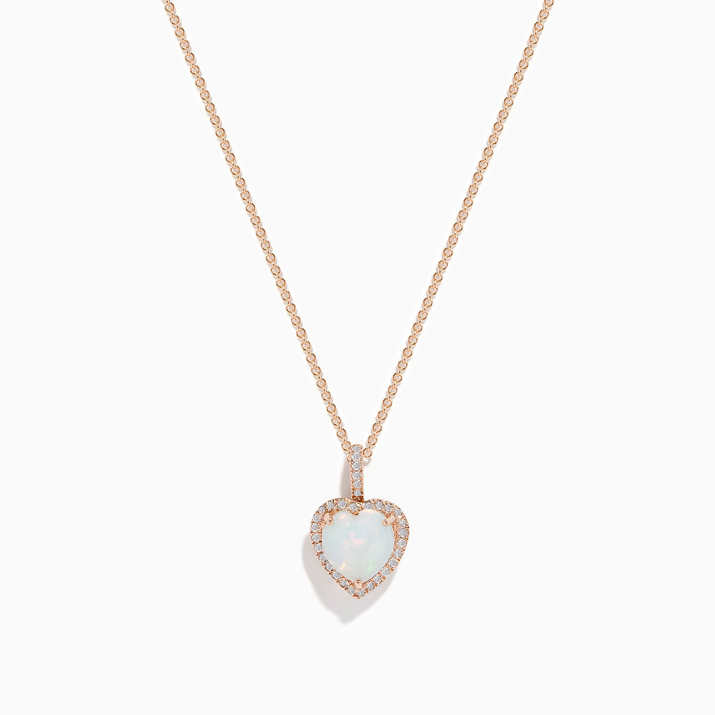 The Aurora 14K Rose Gold Diamond and Heart Opal Pendant features a delicate rose gold chain with a heart-shaped opal framed by sparkling diamonds, displayed on a white background.