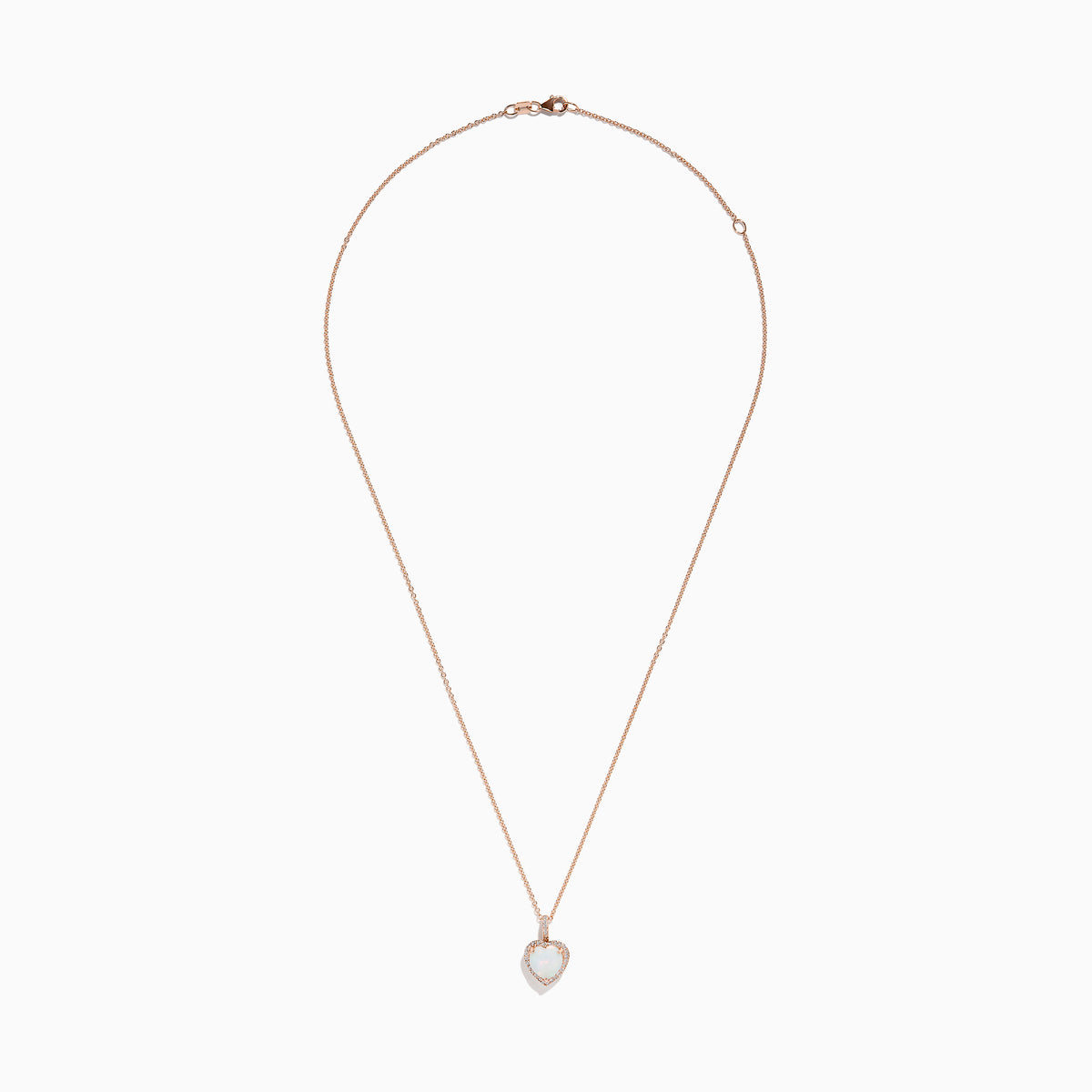 The Aurora 14K Rose Gold Diamond and Heart Opal Pendant features a delicate rose gold chain with a heart-shaped opal framed by sparkling diamonds, displayed on a white background.