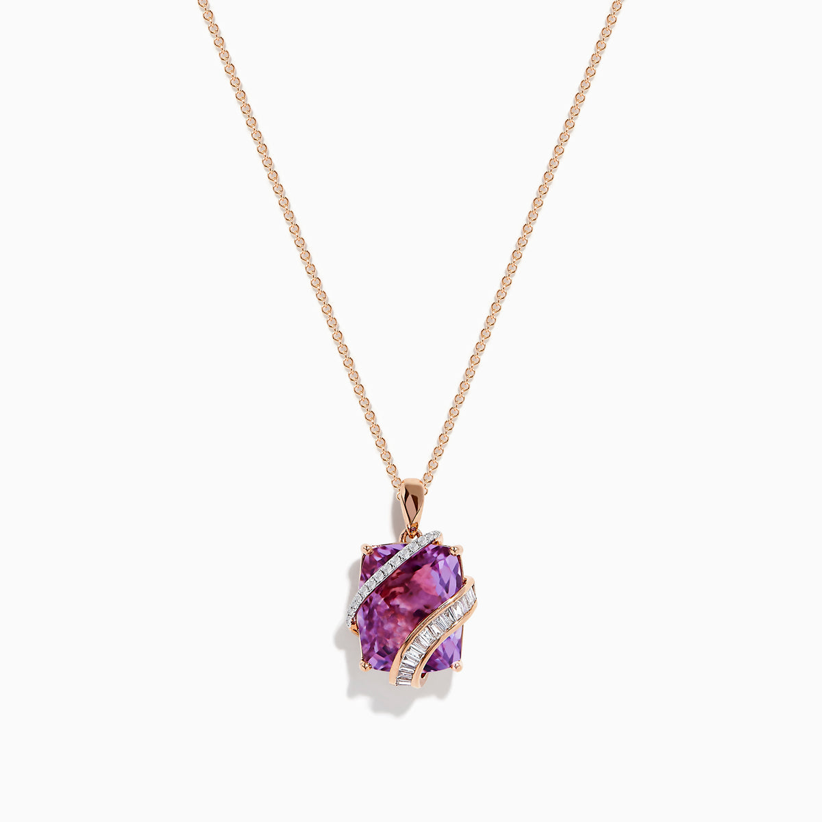 The 14K Rose Gold Pink Amethyst and Diamond Pendant features a large faceted pink amethyst wrapped in a wavy band of diamonds, suspended from a delicate rose gold chain against a white background.