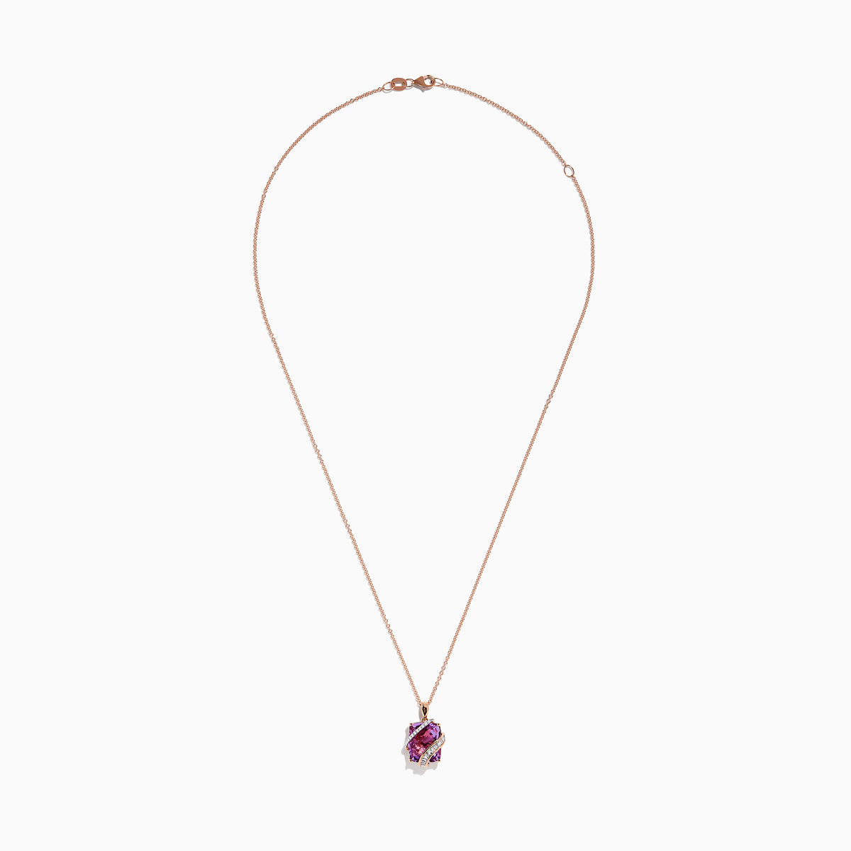 The 14K Rose Gold Pink Amethyst and Diamond Pendant features a large faceted pink amethyst wrapped in a wavy band of diamonds, suspended from a delicate rose gold chain against a white background.