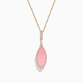 The 14K Rose Gold Diamond and Rose Quartz Pendant features a marquise rose quartz outlined with small diamonds, set in rose gold, shown on a white background.