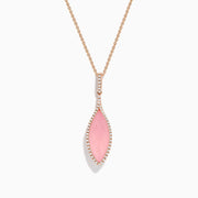 The 14K Rose Gold Diamond and Rose Quartz Pendant features a marquise rose quartz outlined with small diamonds, set in rose gold, shown on a white background.