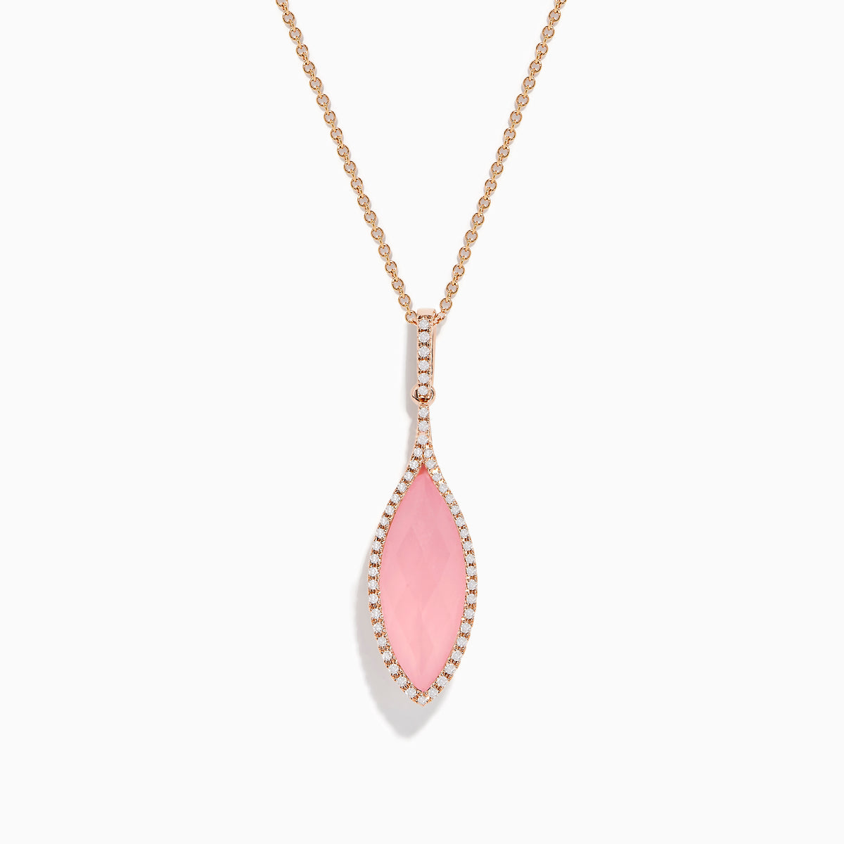 The 14K Rose Gold Diamond and Rose Quartz Pendant features a marquise rose quartz outlined with small diamonds, set in rose gold, shown on a white background.