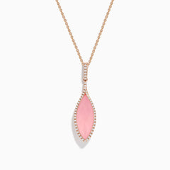 The 14K Rose Gold Diamond and Rose Quartz Pendant features a marquise rose quartz outlined with small diamonds, set in rose gold, shown on a white background.