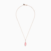 The 14K Rose Gold Diamond and Rose Quartz Pendant features a marquise rose quartz outlined with small diamonds, set in rose gold, shown on a white background.