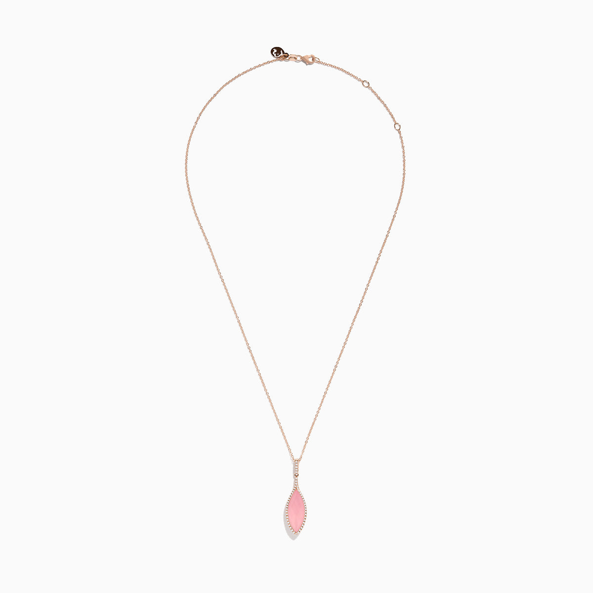 The 14K Rose Gold Diamond and Rose Quartz Pendant features a marquise rose quartz outlined with small diamonds, set in rose gold, shown on a white background.