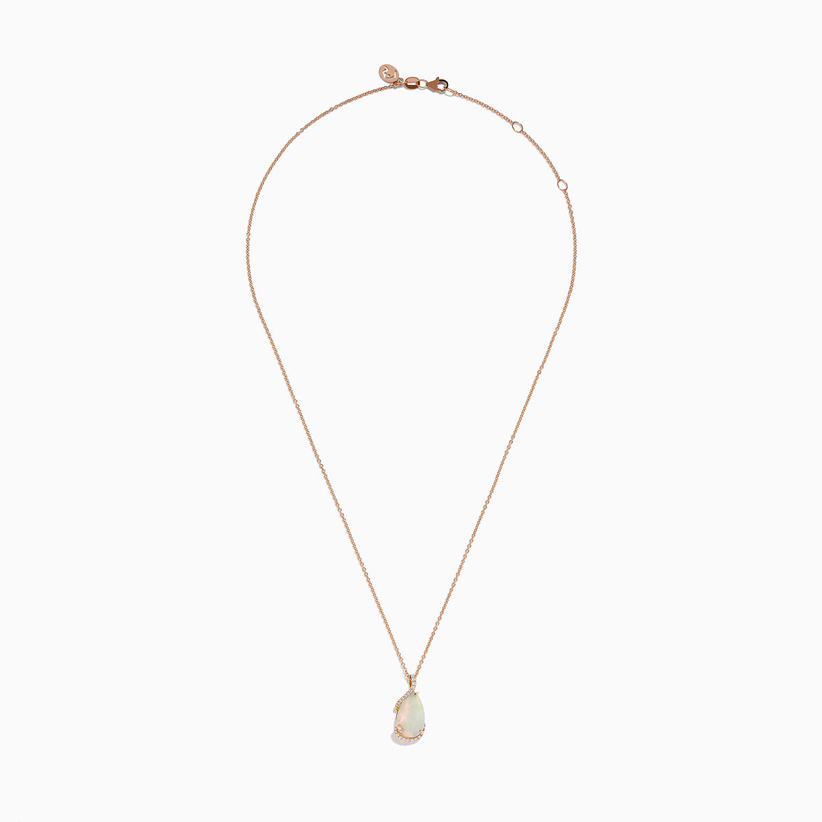 The Aurora 14K Rose Gold Opal and Diamond Pendant features a teardrop-shaped opal accented by a delicate swirl of sparkling diamonds, hanging from a fine gold chain against a plain white background.