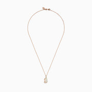 The Aurora 14K Rose Gold Opal and Diamond Pendant features a teardrop-shaped opal accented by a delicate swirl of sparkling diamonds, hanging from a fine gold chain against a plain white background.