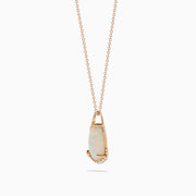 The Aurora 14K Rose Gold Opal and Diamond Pendant features a teardrop-shaped opal accented by a delicate swirl of sparkling diamonds, hanging from a fine gold chain against a plain white background.