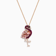 The Safari 14K Rose Gold Ruby and Diamond Flamingo Pendant features a rose gold chain and a flamingo-shaped pendant with ruby accents, diamond highlights, and detailed gemstone inlays in pink, red, black, and white.