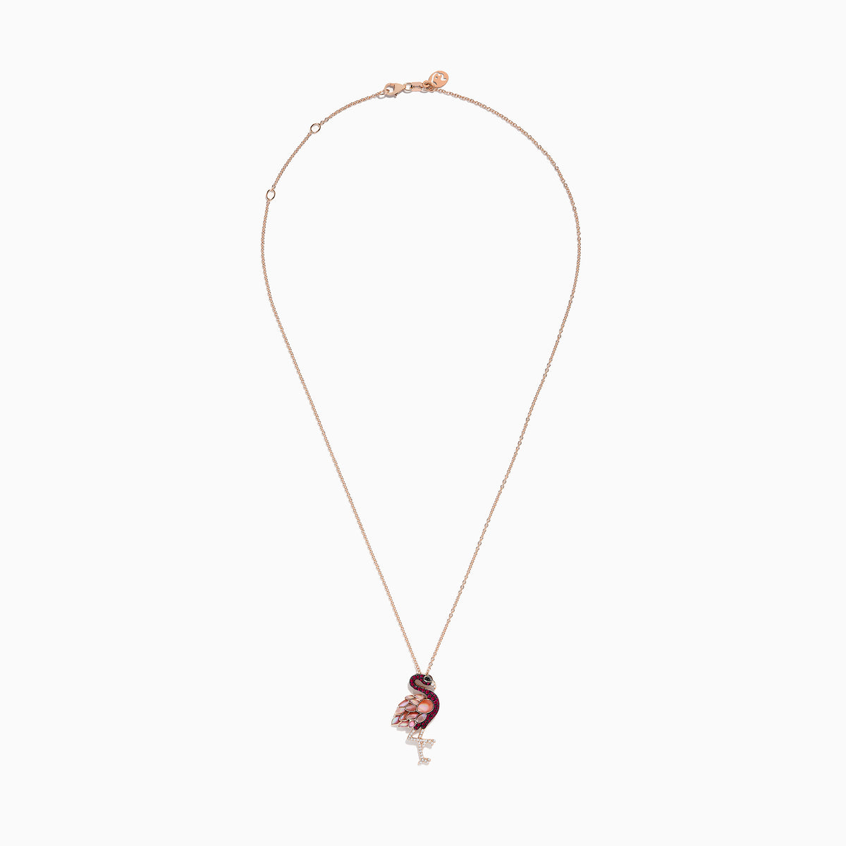 The Safari 14K Rose Gold Ruby and Diamond Flamingo Pendant features a rose gold chain and a flamingo-shaped pendant with ruby accents, diamond highlights, and detailed gemstone inlays in pink, red, black, and white.