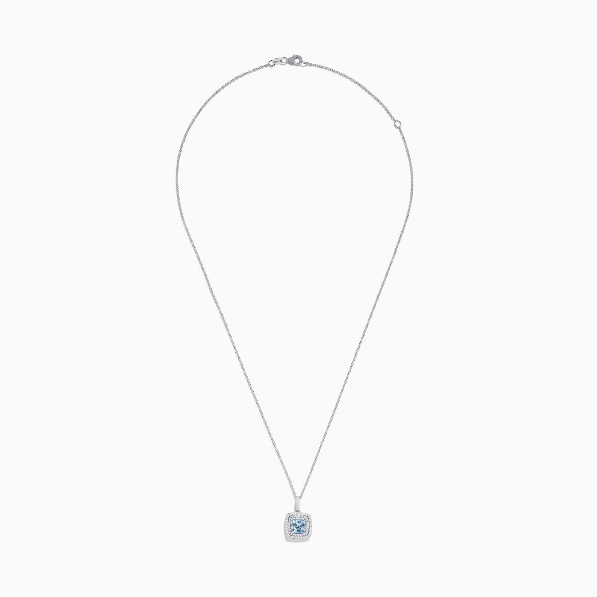 The Aquarius 14K White Gold Aquamarine and Diamond Pendant features a slim white gold chain with a square aquamarine center stone, accented by sparkling diamonds, all displayed against a white background.