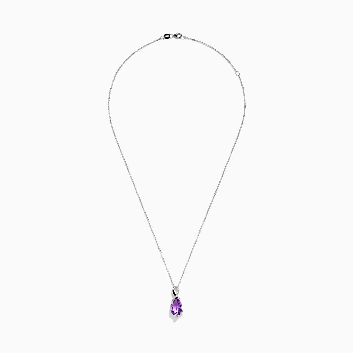 The 14K White Gold Amethyst and Diamond Pendant features a teardrop-shaped amethyst accented with sparkling diamonds, all elegantly set in a twisting white gold design.