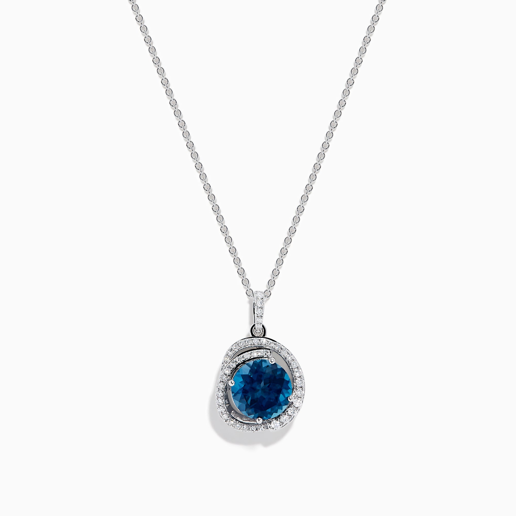 The Ocea Bleu 14K White Gold Blue Topaz and Diamond Pendant showcases a round blue topaz encircled by small diamonds, hanging from a delicate chain against a white background.