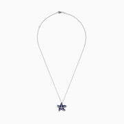 The Seaside 14K White Gold Lapis and Diamond Starfish Pendant features deep blue lapis enamel and sparkling diamonds, elegantly displayed against a plain white background.