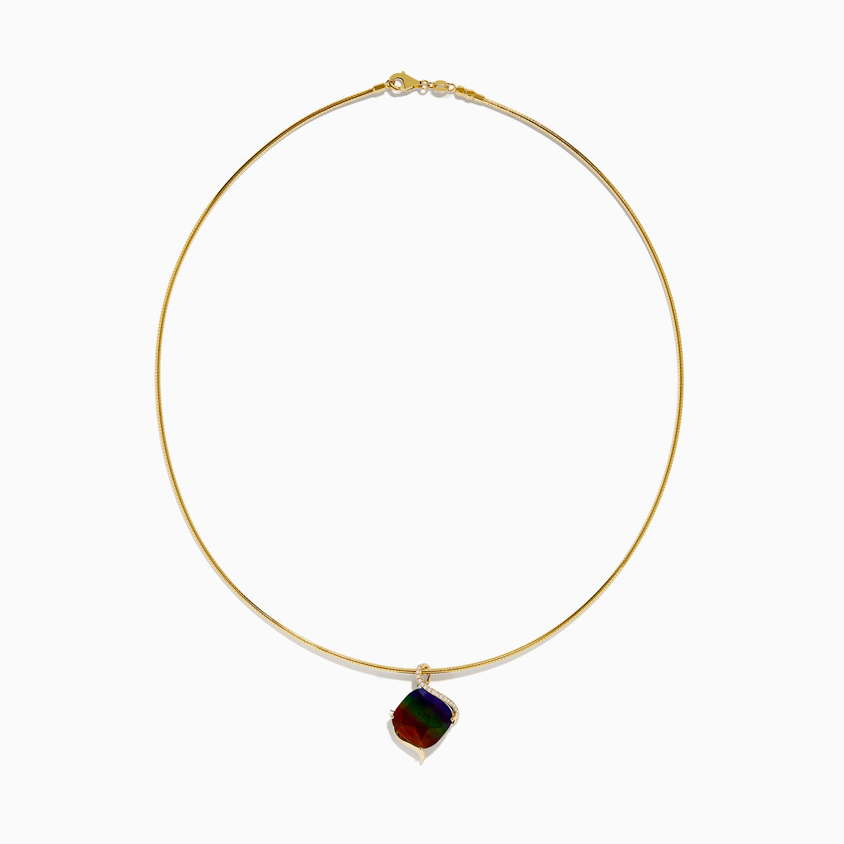 A 14K yellow gold snake chain pendant necklace featuring an ammolite and diamond, its multicolored gemstone showcased against a plain white background.