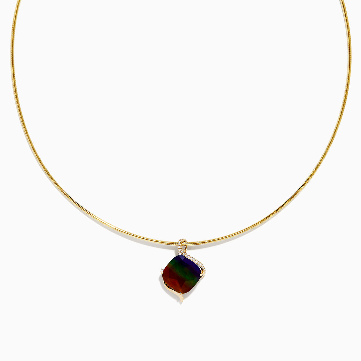 A 14K yellow gold snake chain pendant necklace featuring an ammolite and diamond, its multicolored gemstone showcased against a plain white background.