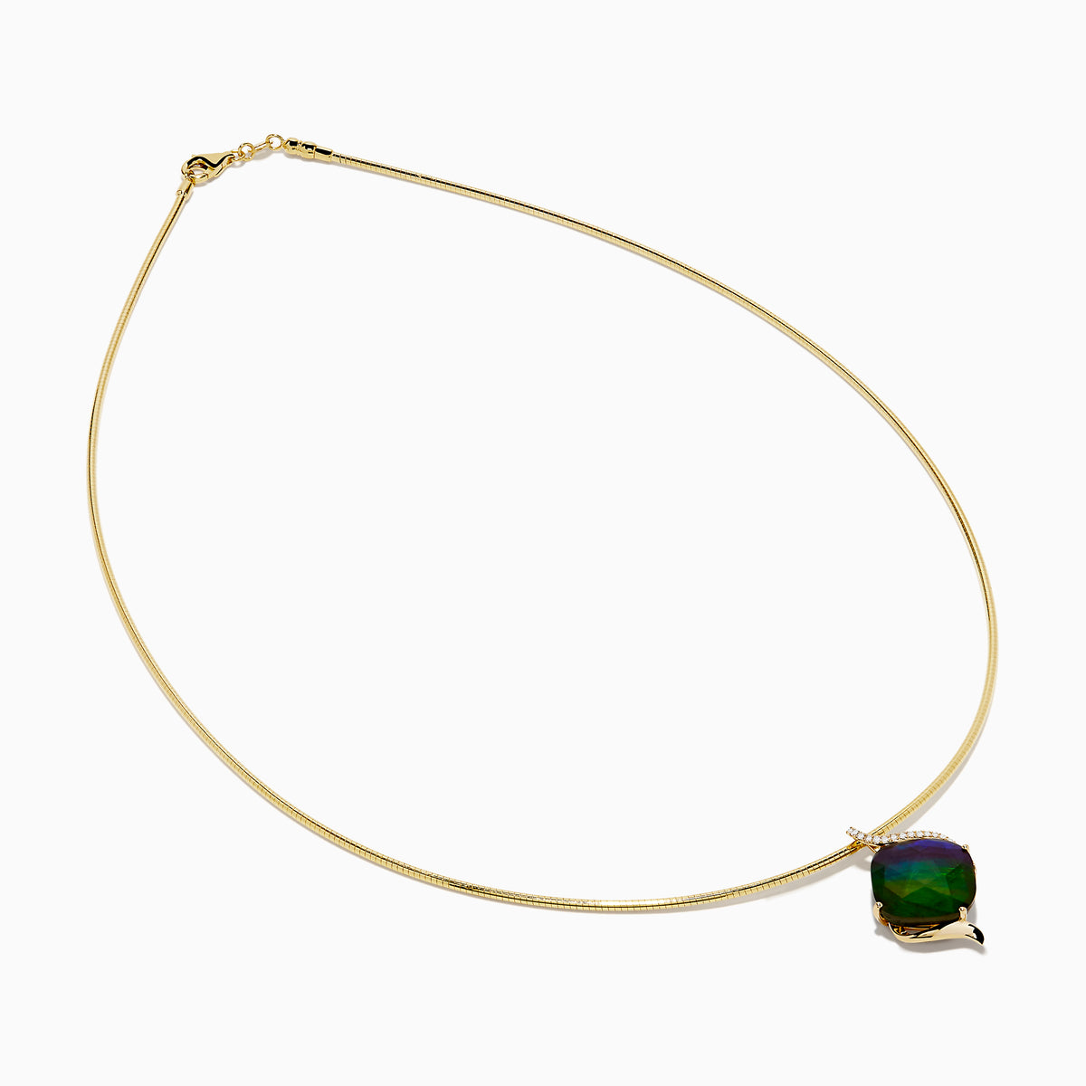 A 14K yellow gold snake chain pendant necklace featuring an ammolite and diamond, its multicolored gemstone showcased against a plain white background.