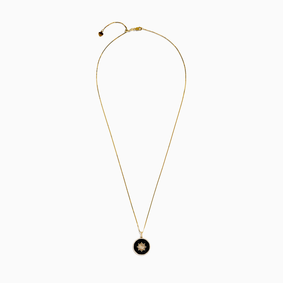 The Novelty 14K Yellow Gold Onyx and Diamond Compass Disc Pendant features a round onyx-black center, star-shaped design with a central diamond, and a border of small white stones on a gold chain. Plain white background.