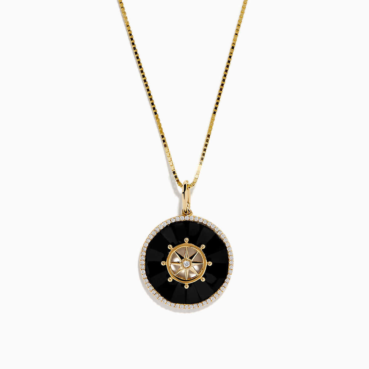 The Novelty 14K Yellow Gold Onyx and Diamond Compass Disc Pendant features a round onyx-black center, star-shaped design with a central diamond, and a border of small white stones on a gold chain. Plain white background.